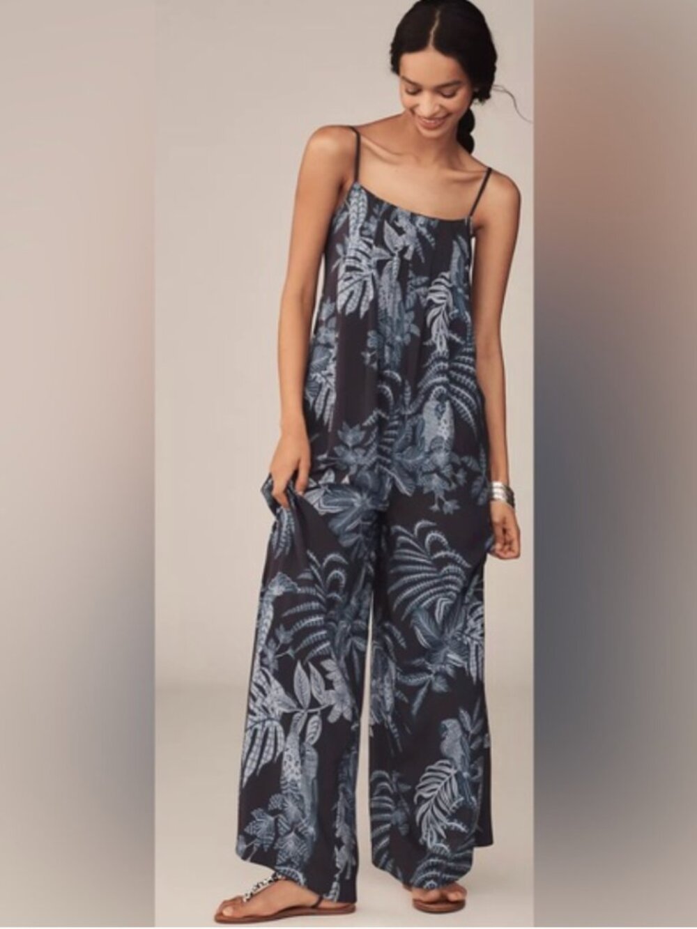 Farm Rio x Anthropologie Waistless Printed Jumpsuit Elegant Blue Floral Jumpsuit